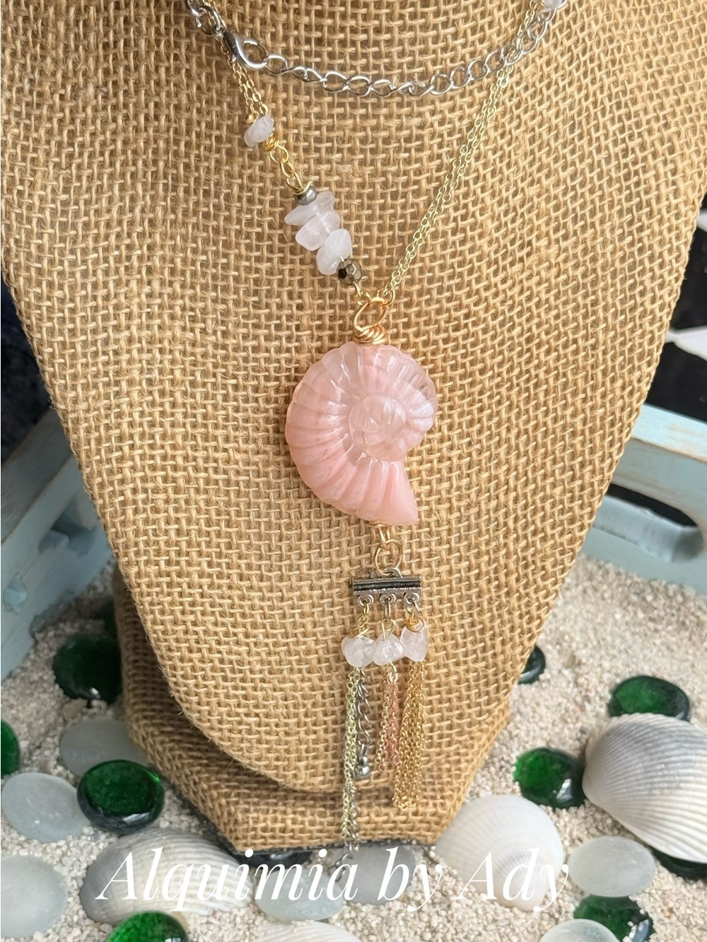 Summer beaded Pink Rose Quartz Nautilus Tassel Necklace - Picture 2 of 11